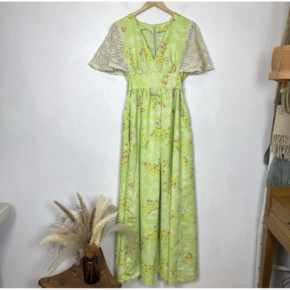 Vintage Handmade 70s Green Maxi Floral Dress Pace Flutter‎ Sleeves Boho Groovy